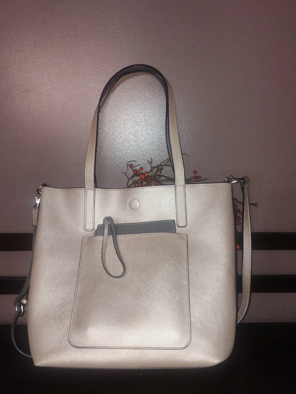 Champagne & Gray Tote with Crossbody Strap NWOT